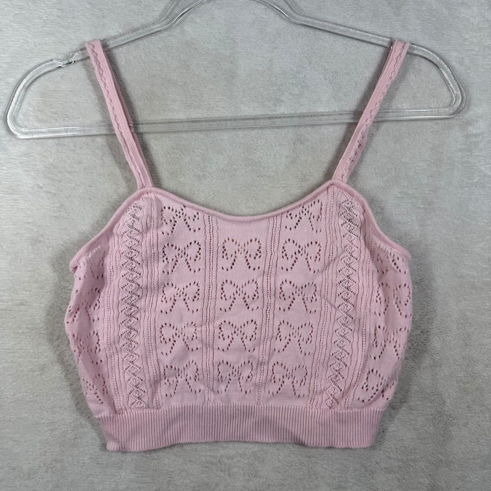 LoveShackFancy Pink Pointelle Bow Knit Cotton Cropped Cami Tank Top XS